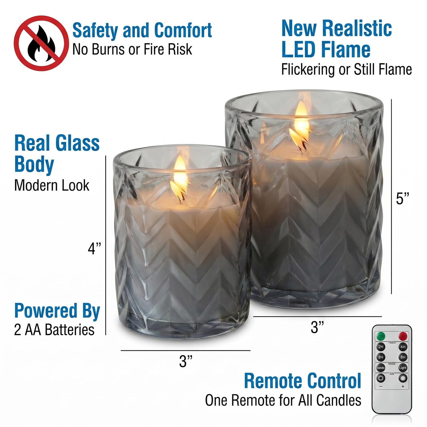 VENTA LED Candles 2 Pack - Grey Hobnail Glass Flameless Candles with Remote and Timer - Realistic Flickering Battery Operated Pillars - Vintage