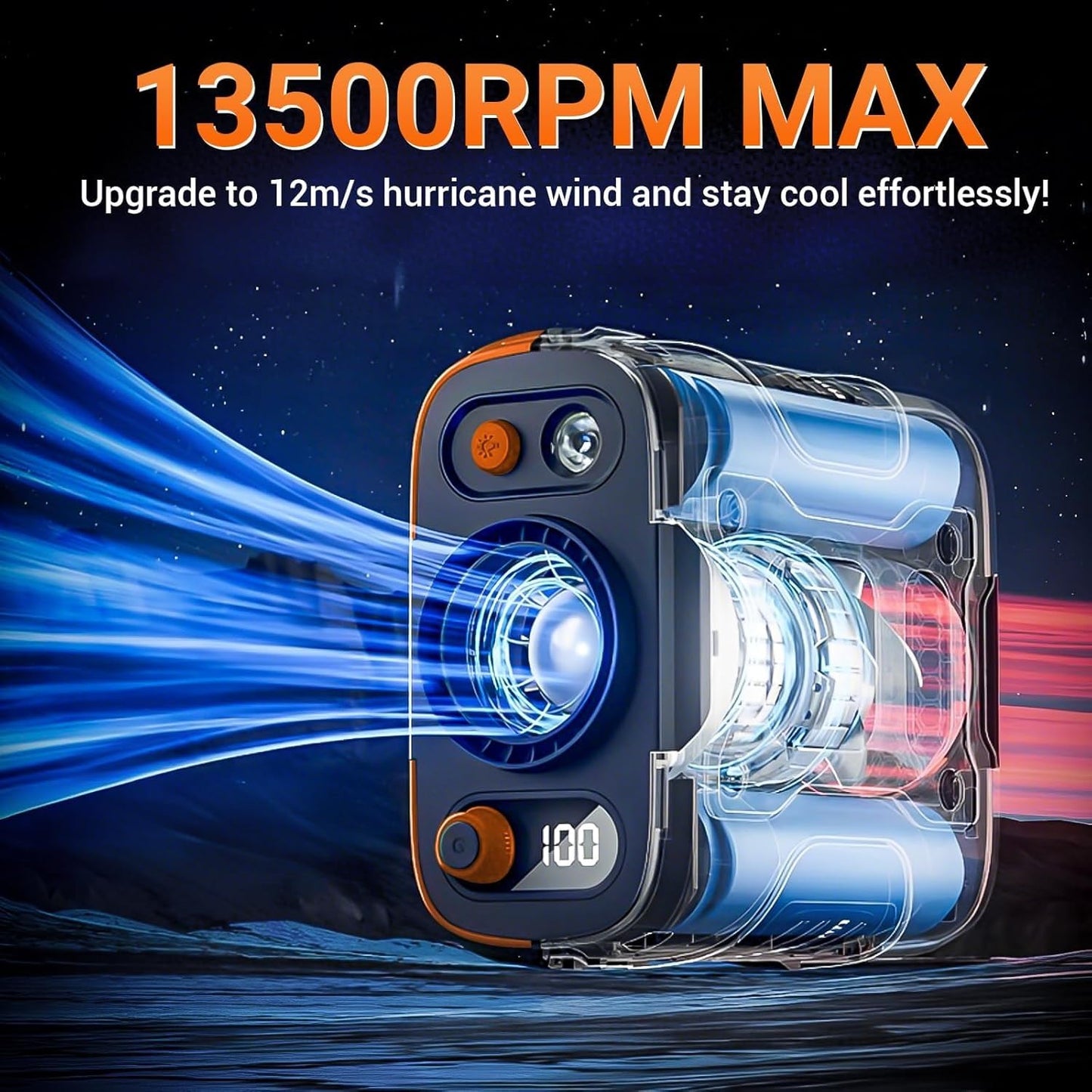 Portable Rechargeable Waist Fan with 100 Speeds & LED Flashlight, Hands-Free Wearable Belt Fan for Outdoor, Camping, Travel, AI energy-saving battery