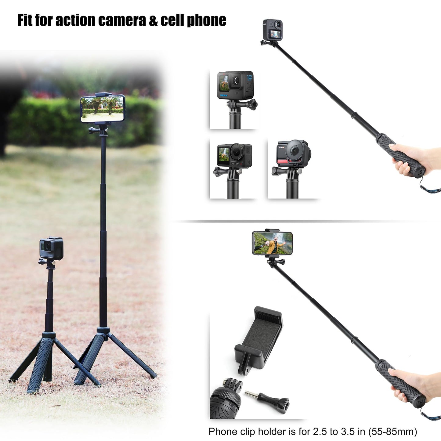 SOONSUN Waterproof Selfie Stick Extension Pole Tripod Stand Hand Grip for GoPro Hero 13, 12, 11, 10, 9, 8, 7, 6, 5, 4, 3, 2, Session, Fusion, SJCAM