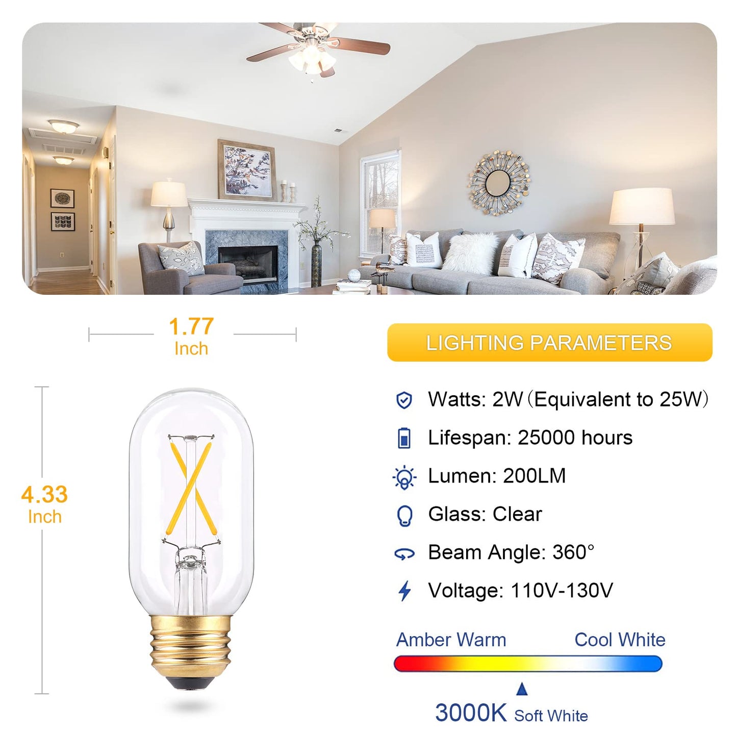 EQ Lighting Dimmable T45 LED Edison Bulb, 2W 3000K Soft White, E26 Standard Base T14 LED Filament Tubular Light Bulb, 25Watt Equivalent Incandescent