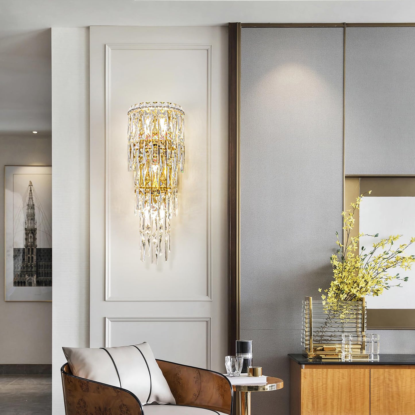 Fang Yan Mei Modern K9 Crystal Wall Sconce, Gold Finish Wall Light Fixture, Acrylic Crystal Drops Wall Lamp Bedside Light 3 Tiers Crystal Wall Lamp