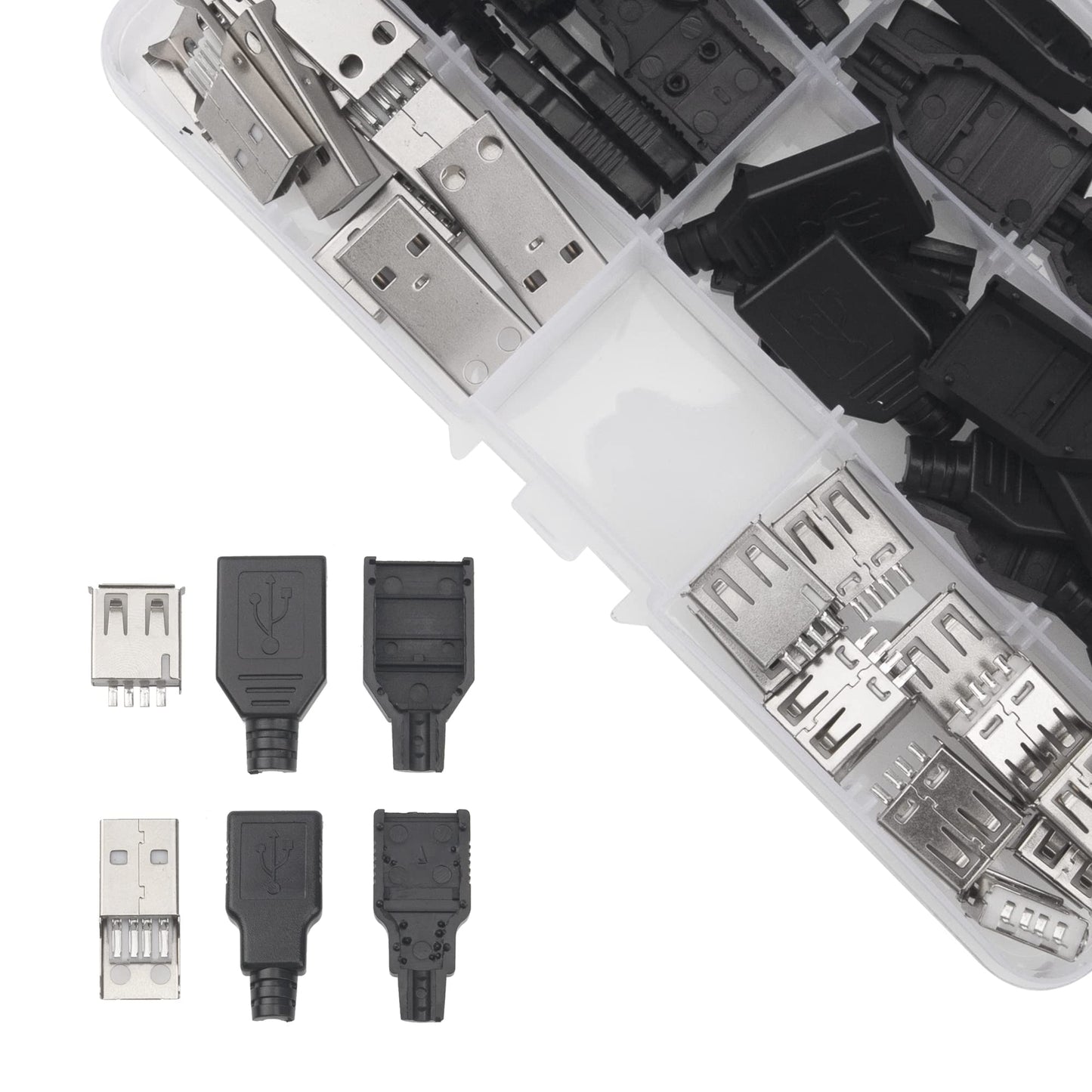 Rrina 20Pcs USB 2.0 Connector Type A Male Female 4 Pin Plug Jack Socket with Black Plastic Cover DIY