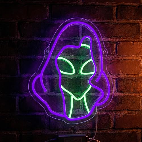 Alien Reaper Neon Sign - 12" x 9.5" Purple & Green LED Neon Light with Dimmer, Premium 5.5mm Thickened Acrylic Base, Cool Cyberpunk Wall Decor