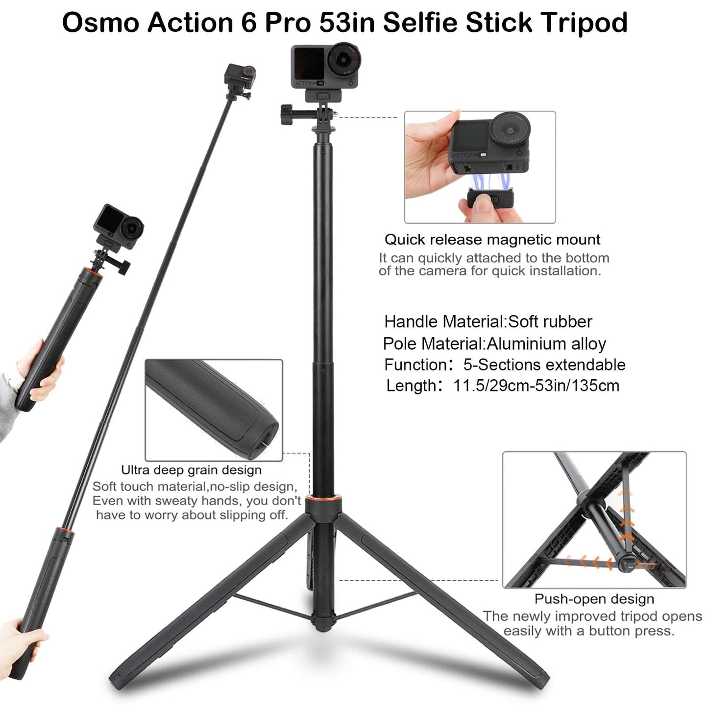 PellKing Accessories Kit for DJI Osmo Action 6,Carrying Case with Belt 135cm Selfie Stick Tripod Waterproof Housing Suction Cup Magnetic Handlebar