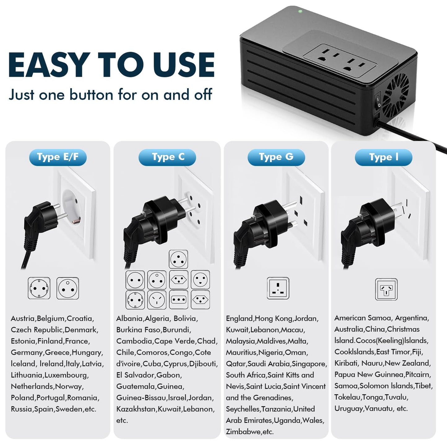 1600W Universal Travel Converter Step-Down 220V to 110V, Pure Sine Wave, for All American Appliances, Lightweight 2lbs