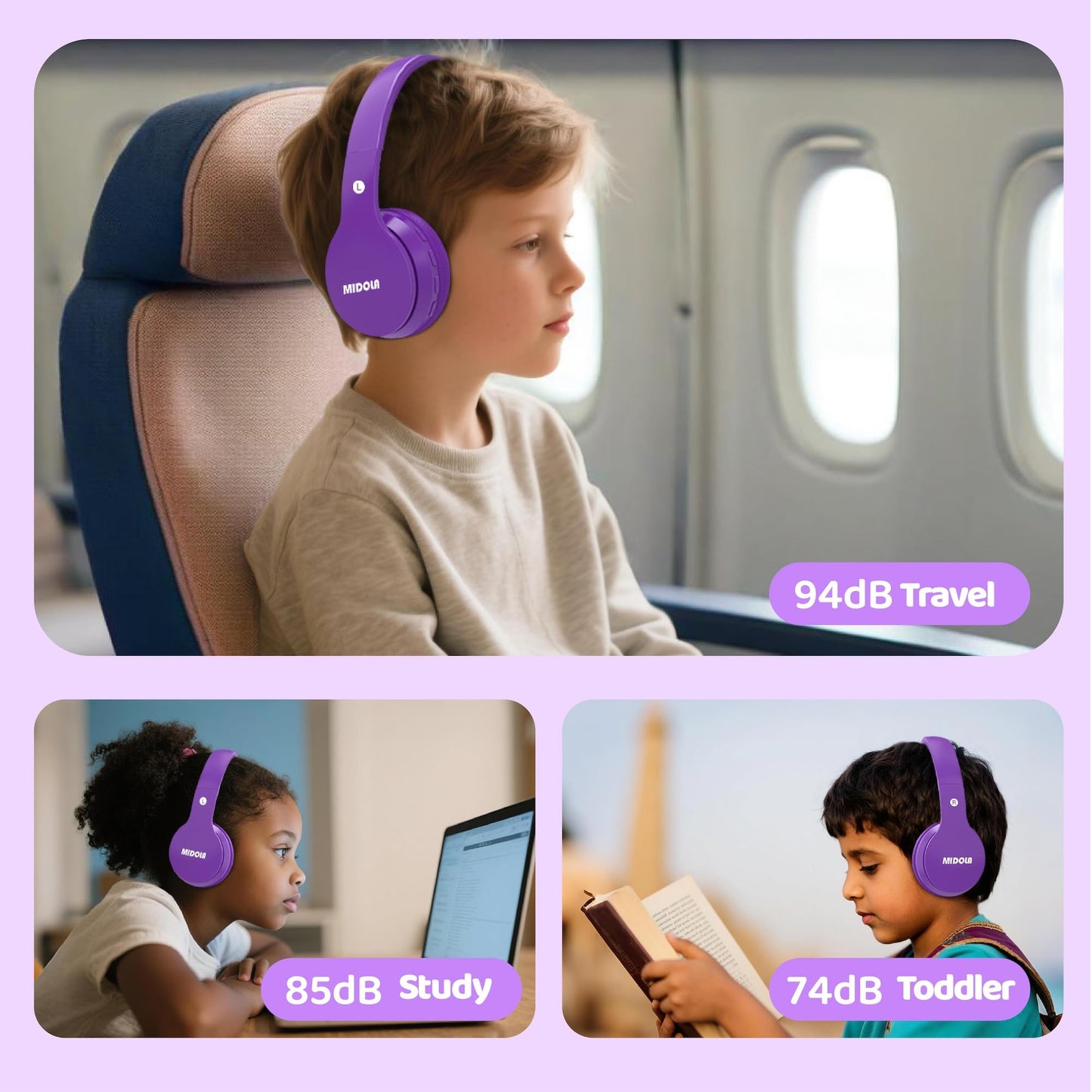 MIDOLA Kids Headphones Bluetooth 5.4 Wireless 68H Play Time Volume Limit 85/94dB Over-Ear Foldable Headset,Type-C Fast Charging, Wired Aux Mic…