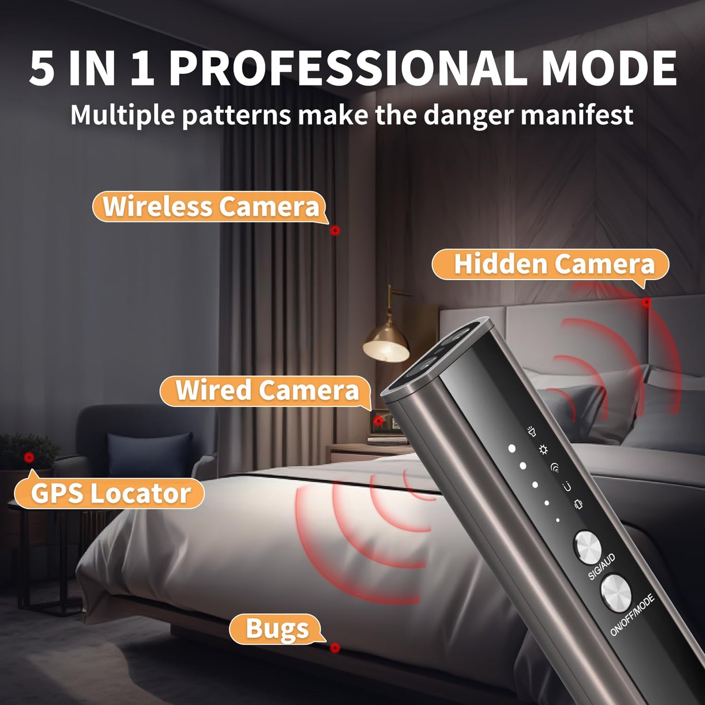 AMOYFILTER KT-02 Hidden Camera Detector, 4 Modes to Detect Spy Cameras, Bugs, GPS Trackers, with Flashlight, Audible Alarm/Beeping Mode, for Hotels