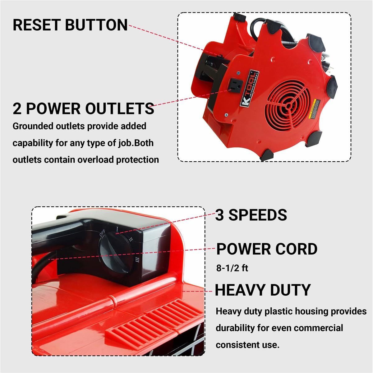 K Tool International 77702 Utility Floor Blower Fan, 300 CFM, 3 Speed Motor, Overload Protection, Impact Resistant ABS, 180 Watt, 110-120V, 60Hz, 12