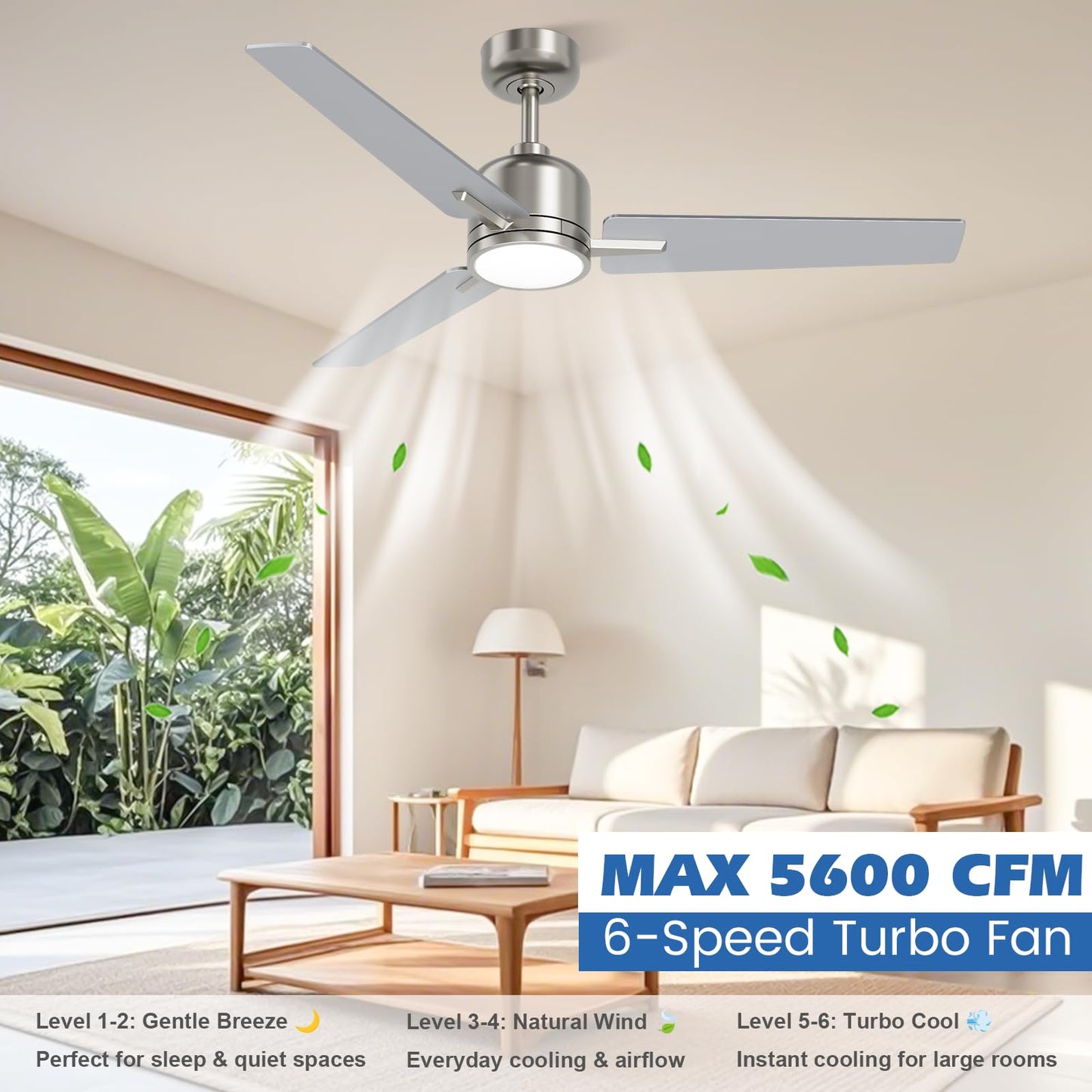 Newday 52 Inch Brushed Nickel Ceiling Fan with Lights and Remote