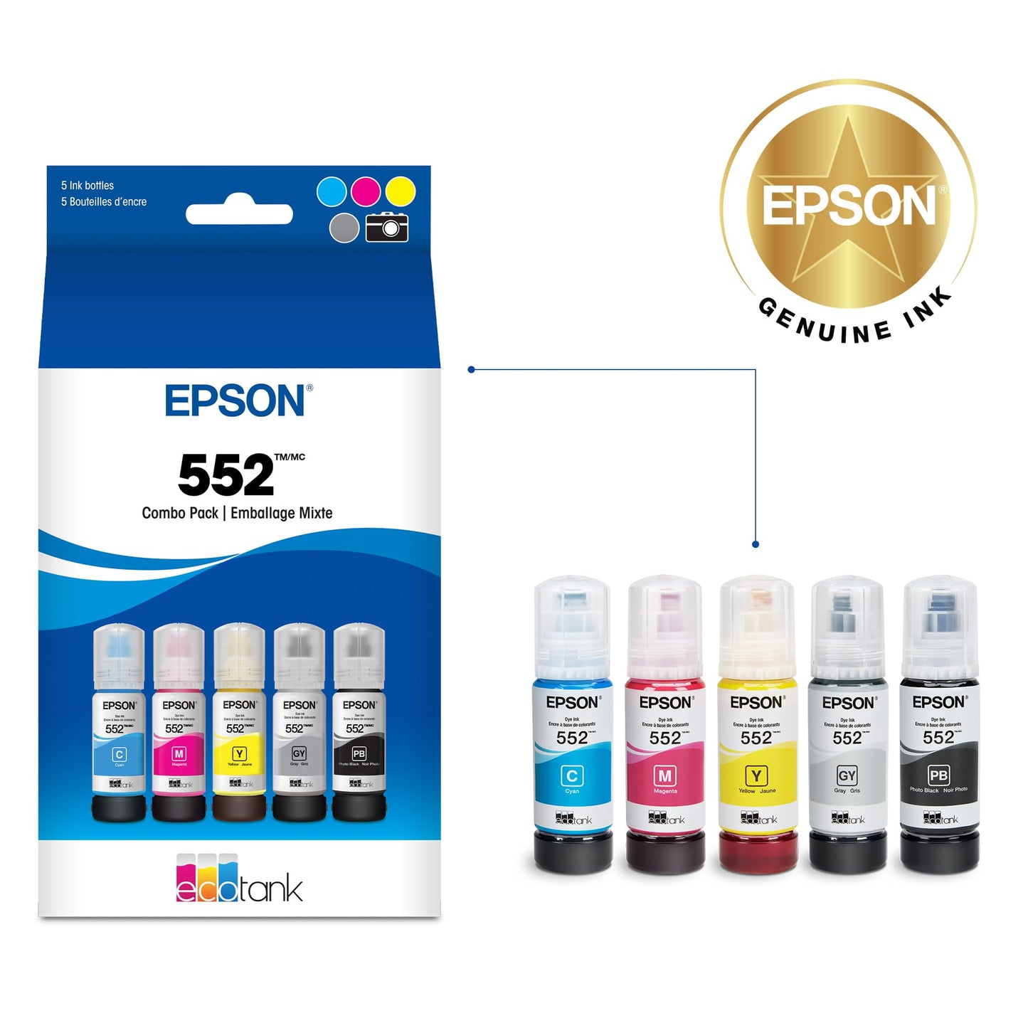 EPSON 552 EcoTank Ink Ultra-high Capacity Bottle Five Color Combo Pack (T552920-S) Works with ET-8500, 8550