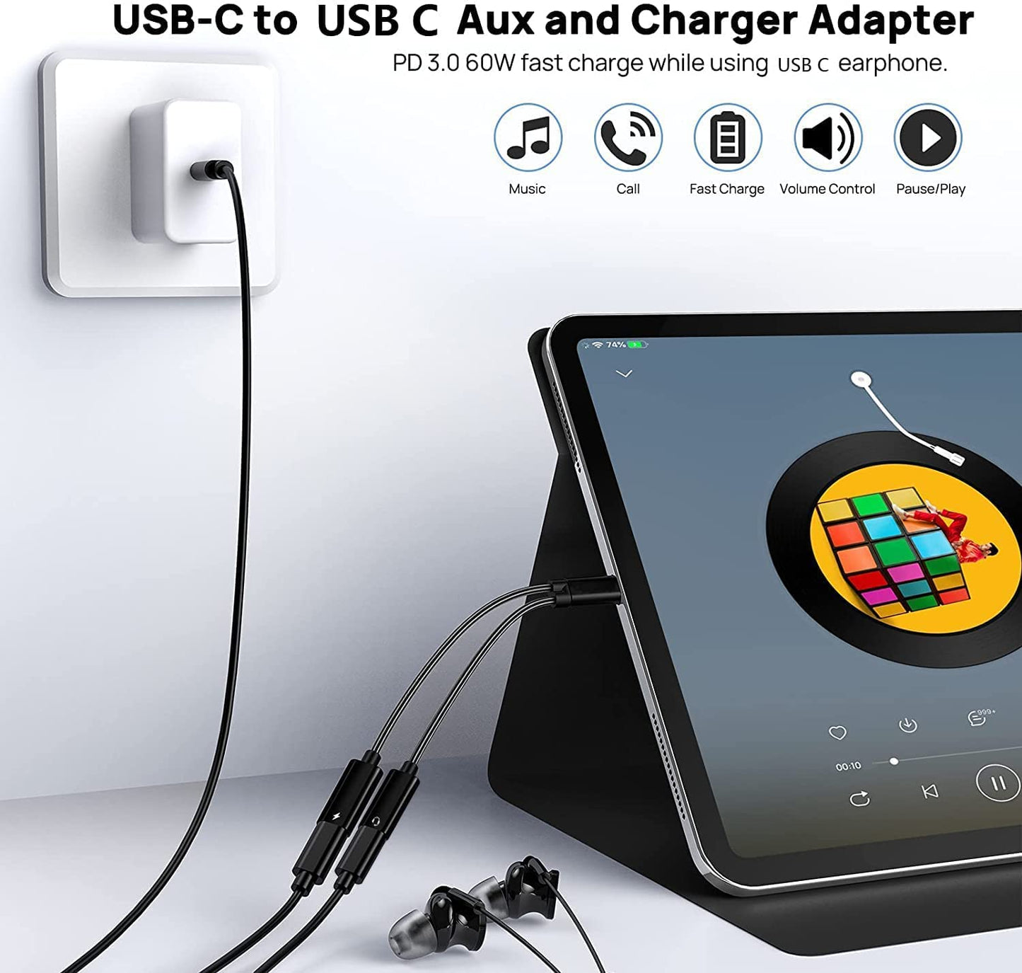 USB C Splitter, Dual USB C Headphones and Charger Adapter with PD 60W Fast Charging for iPhone 16/16Pro/16Pro Max, Pixel 8 7 6XL,Samsung Galaxy S25