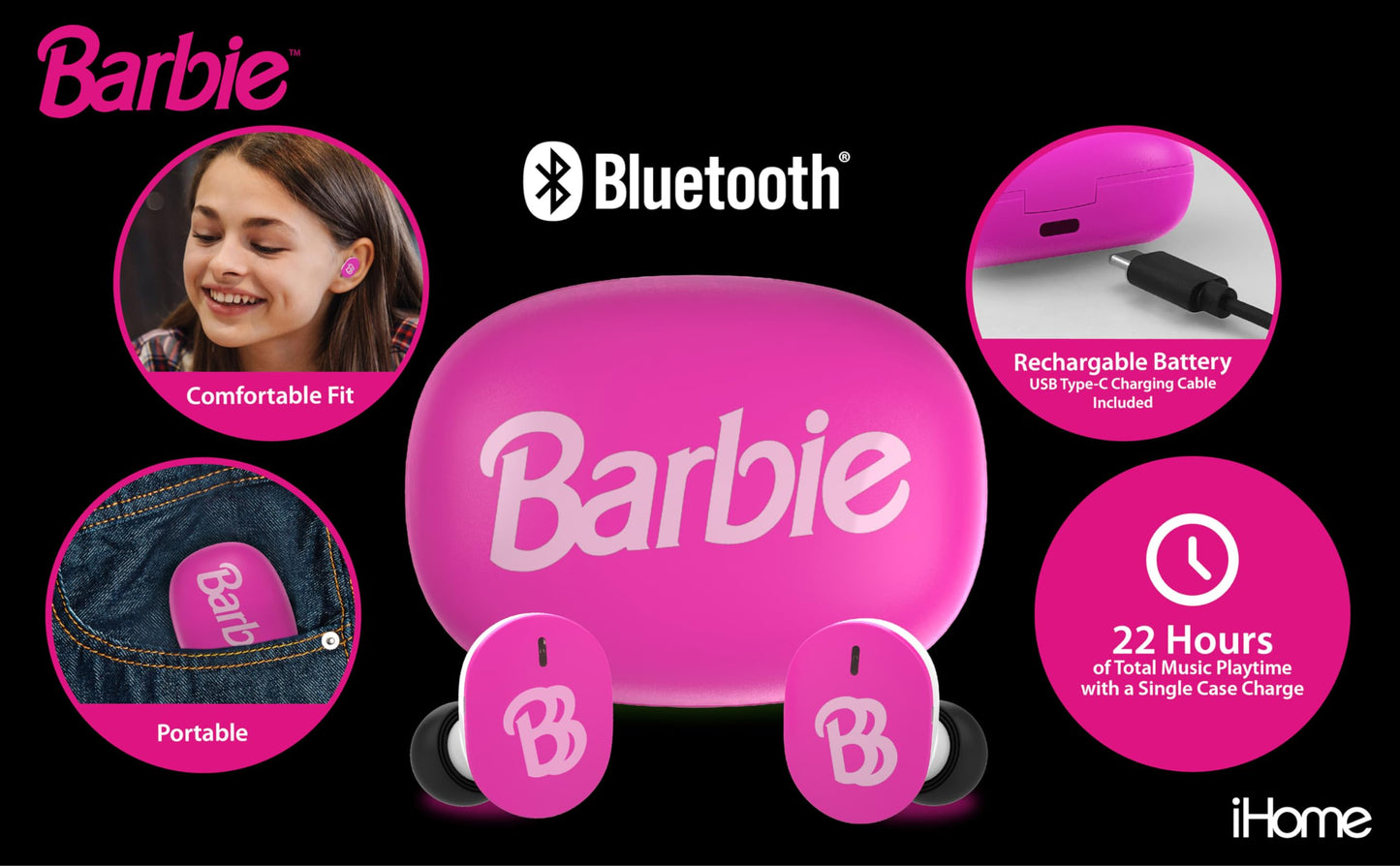 Barbie Wireless Earbuds for Kids, Bluetooth Earbuds with Charging Case