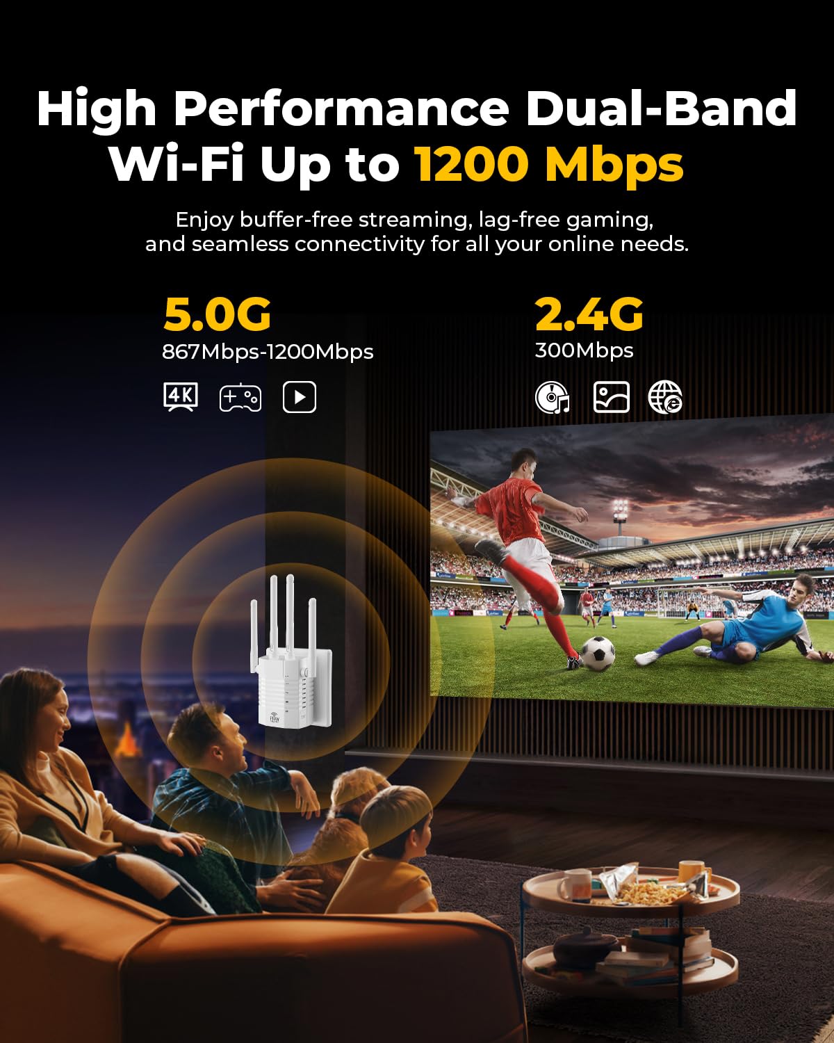 105 Devices WiFi Extender,WiFi Signal Booster with 4 Directional Antennas,1.2Gbps Dual Band WiFi Booster and 12880 Sq.Ft Coverage,EasyMesh and one