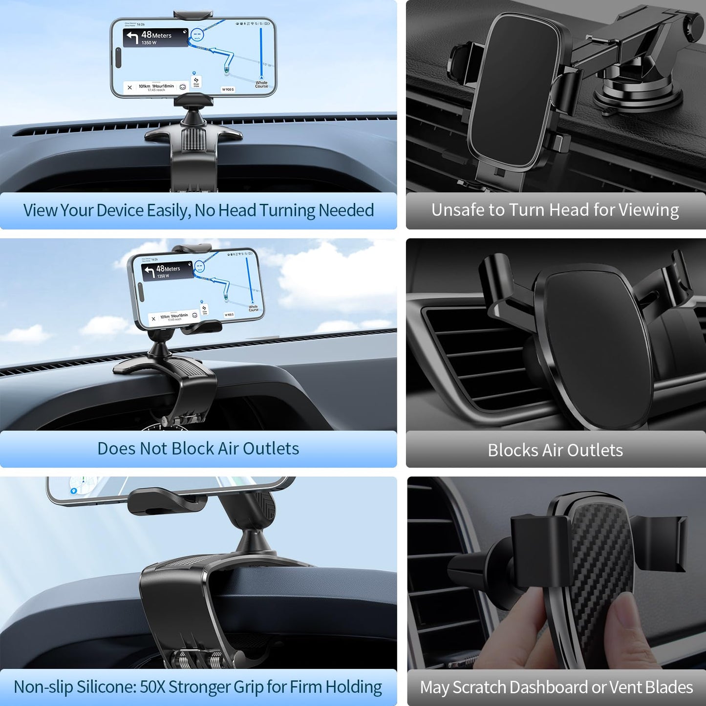 NADRQQE Multifunctional Car Dashboard Mobile Phone Holder, 360 Degree Rotation Universal Dash Clip Cellphone Mount for 4-7 inch Smartphones (Black)