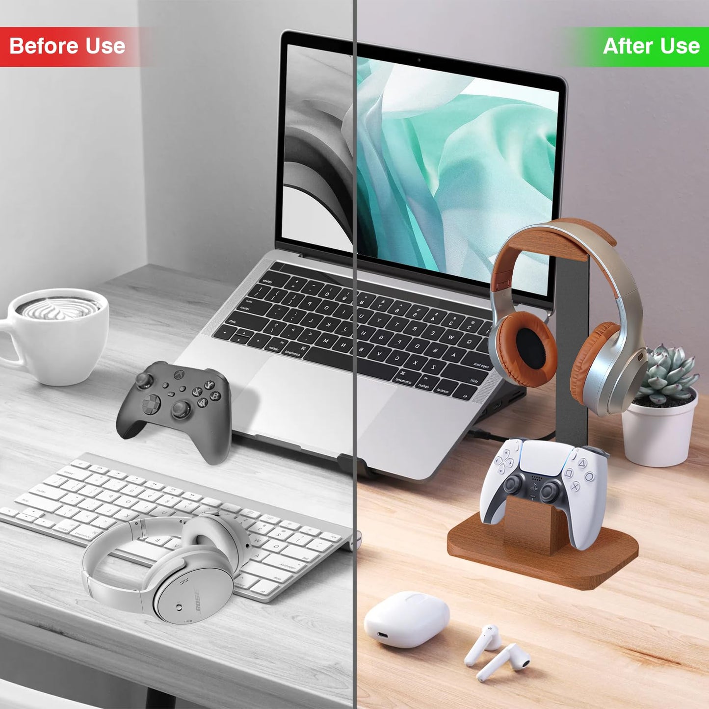 Moginno Walnut Headphone and Controller Stand, Desk Gaming Equipment Wooden Headset Controller Holder, Earphone Hook for Game Room Desktop PC…