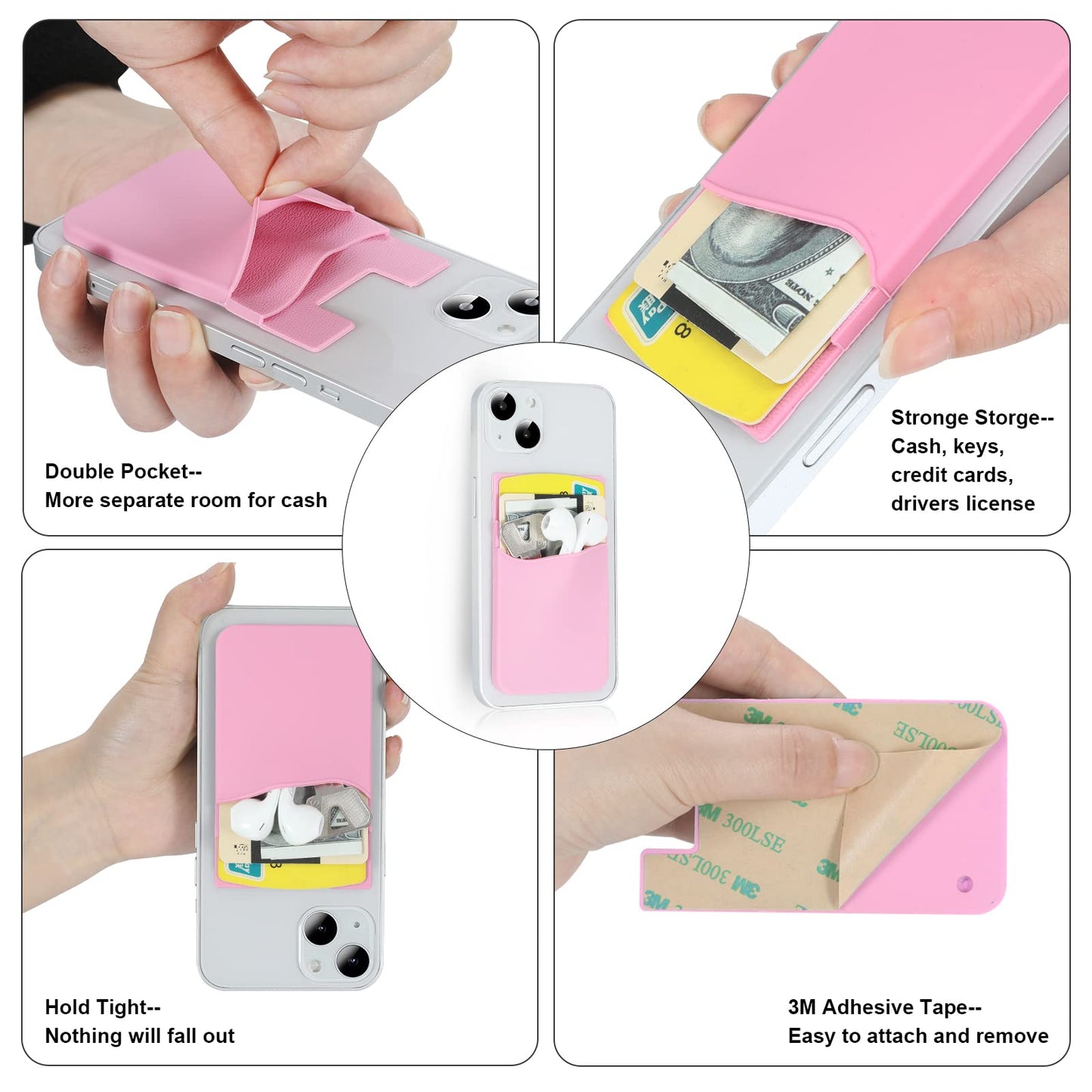 Zemexy 2Pack Phone Wallet,Silicone Credit Card Holder Stick on Double Pocket for Back of Cell Phone case-Sky Blue,Pink