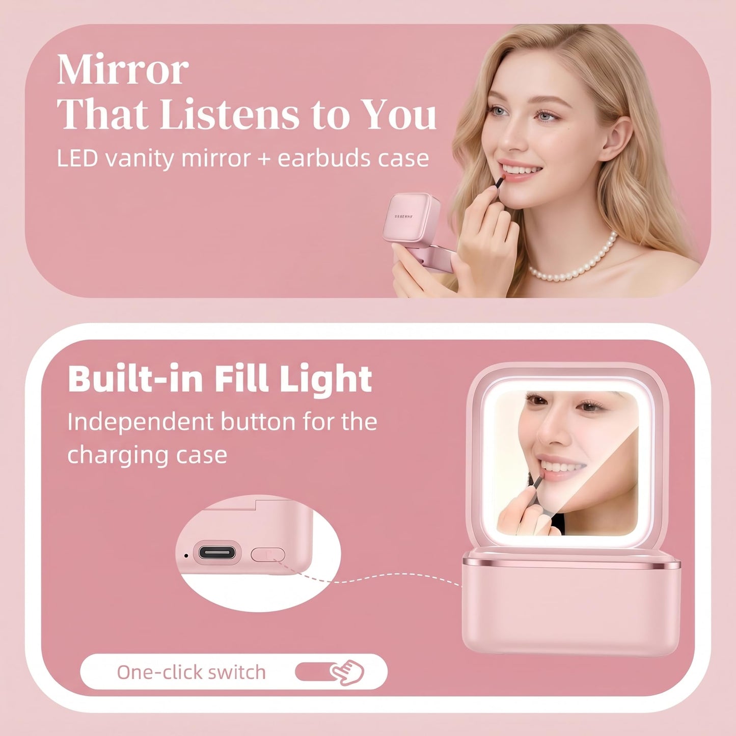 Wireless Earbuds with LED Makeup Mirror Case, Bluetooth 6.0 Open Ear Clip-On Headphones, Cute Pink Air Conduction Earphones for Women, Low Latency