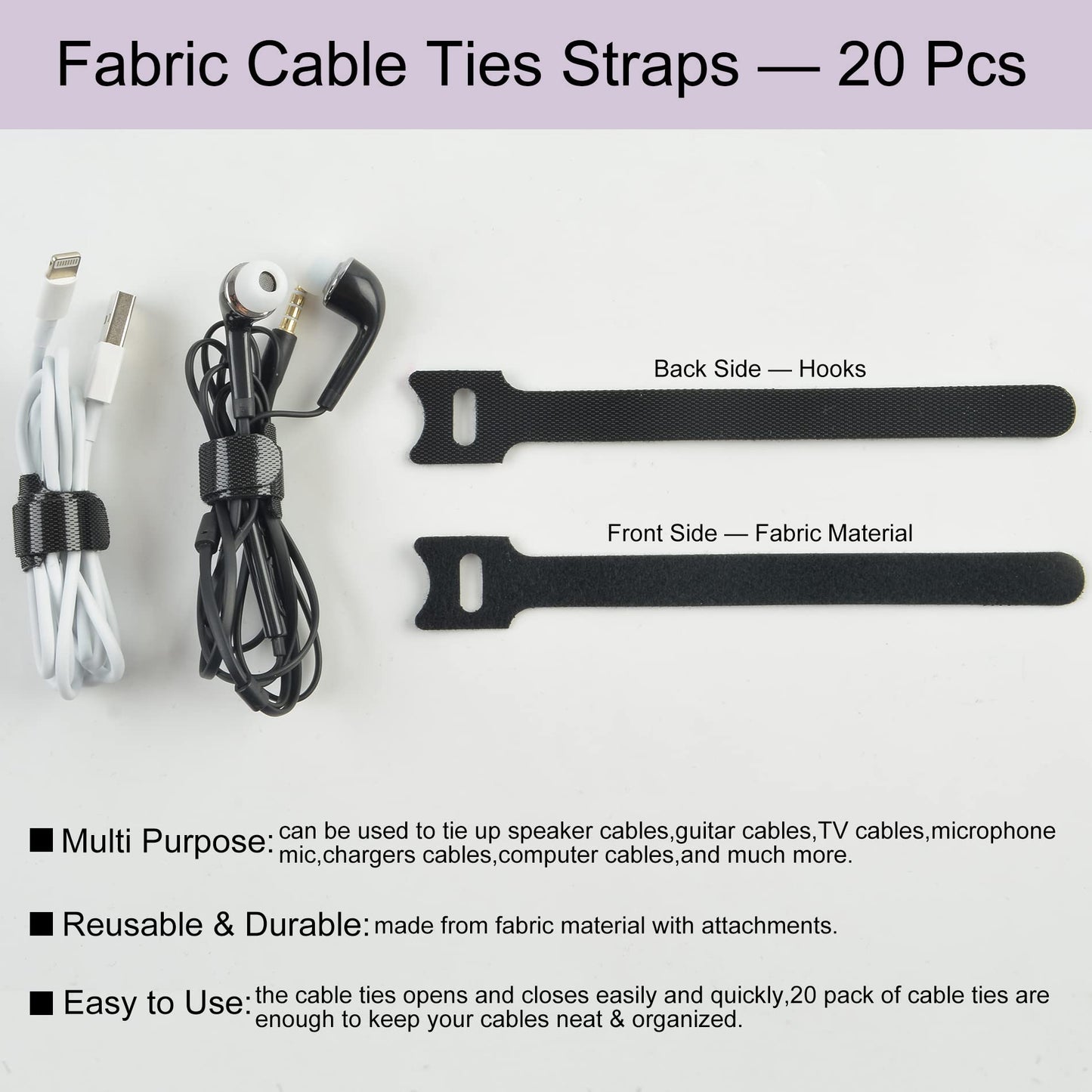 Electronics Organizer 7 Sections Clear Acrylic Cable Storage Bin Box Cord Holder with 20 PCS Reusable Fastening Fabric Cable Ties Straps Cord Wraps (7
