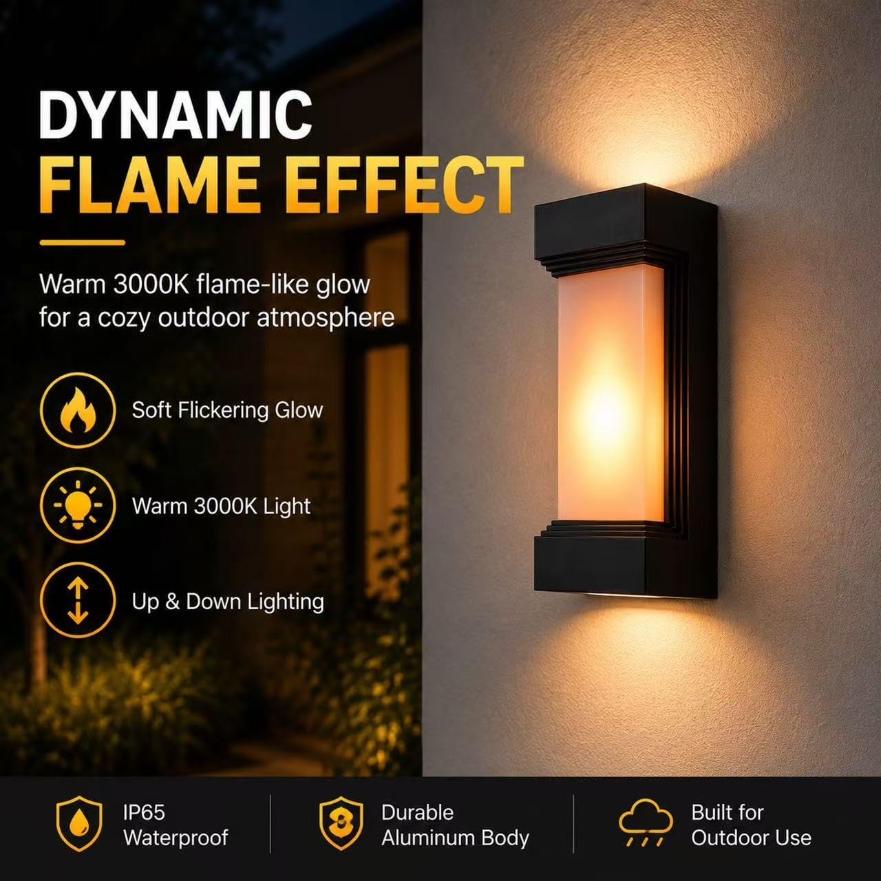 RCHBINBRS LED Flame Outdoor Wall Light, Black Waterproof Wall Sconce, Dynamic Flame Effect, 3000K Warm White Up and Down Porch Light, IP65 Exterior
