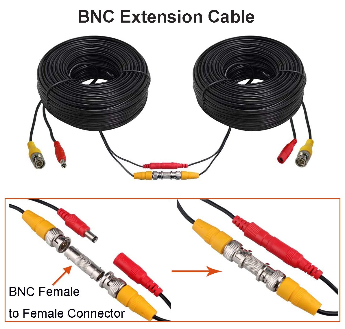 BNC Cable Video Power All-in-One Extension Cable 60FT CCTV Camera Wire with BNC RCA Connectors for Security Camera Systems, Black, CB60