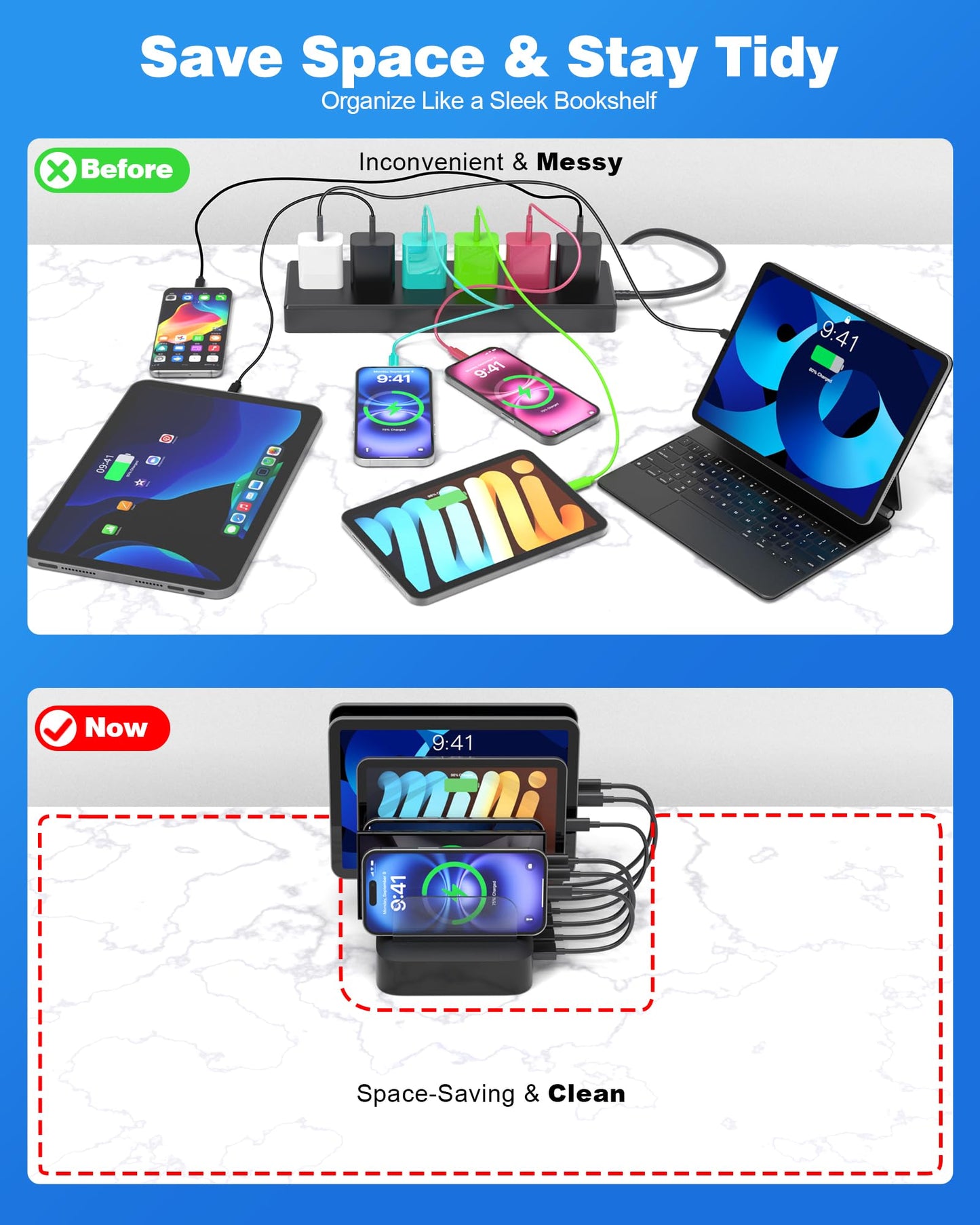 MSTJRY Charging Station for Multiple Devices : 6 Port USB Charger Stations - Family Multi-Device Organizer Charging Dock - Designed for iPhone iPad