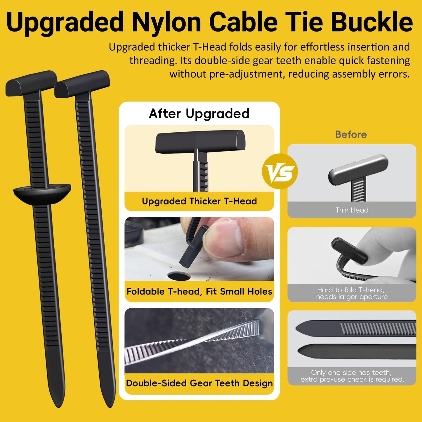 Aymier 160Pcs Upgraded Double-Side Teeth Self-Locking Nylon Universal Cable Tie Buckle, for Car Fender Trunk Bumper Repair, Home & Garage, with T