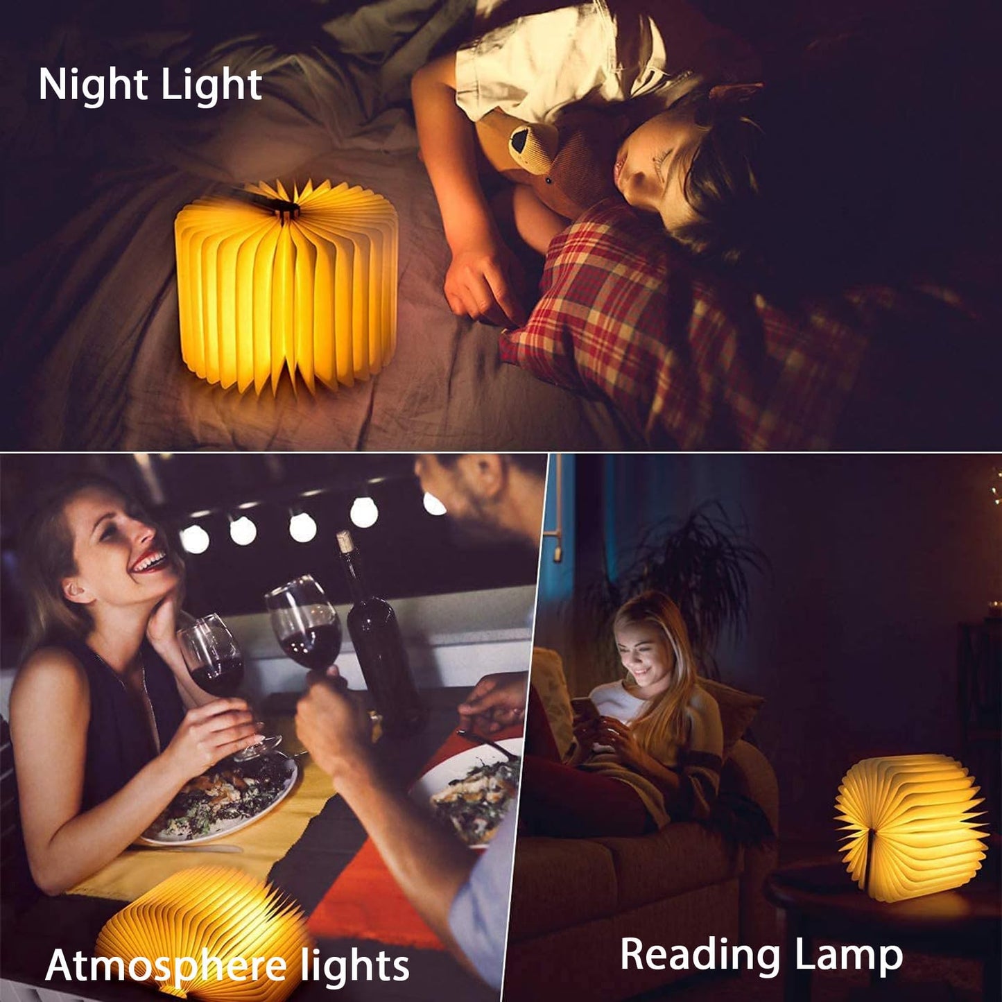Ngtcglm 5.7Inch Wooden Book Light, 3 Colors Folding Book Lamp, USB Rechargeable,Unique Lamp,Book Lovers Gifts