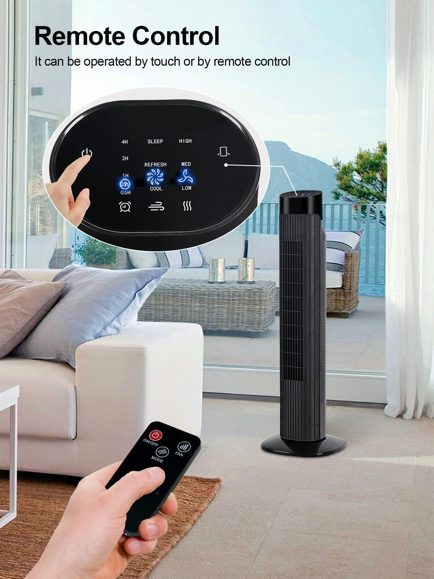 Uthfy Tower Fan for Bedroom, 120° Oscillating Standing Fan with Quiet Sleep Mode, 3 Speeds & 3 Modes, 7.5H Timer, Remote/Touch Control, Bladeless