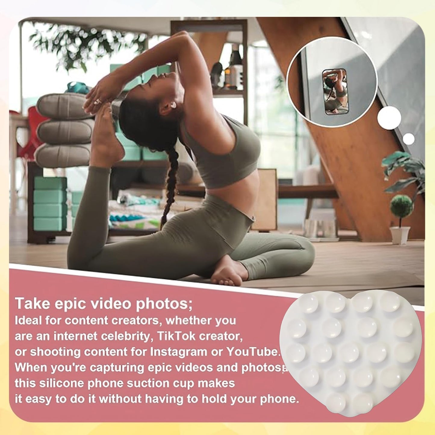 3Pcs Love Shape Phone Grip with Strong Suction - Heart Shaped Phone Holder for Mirror Selfies, Hands-Free Videos on Smooth Surfaces - Universal