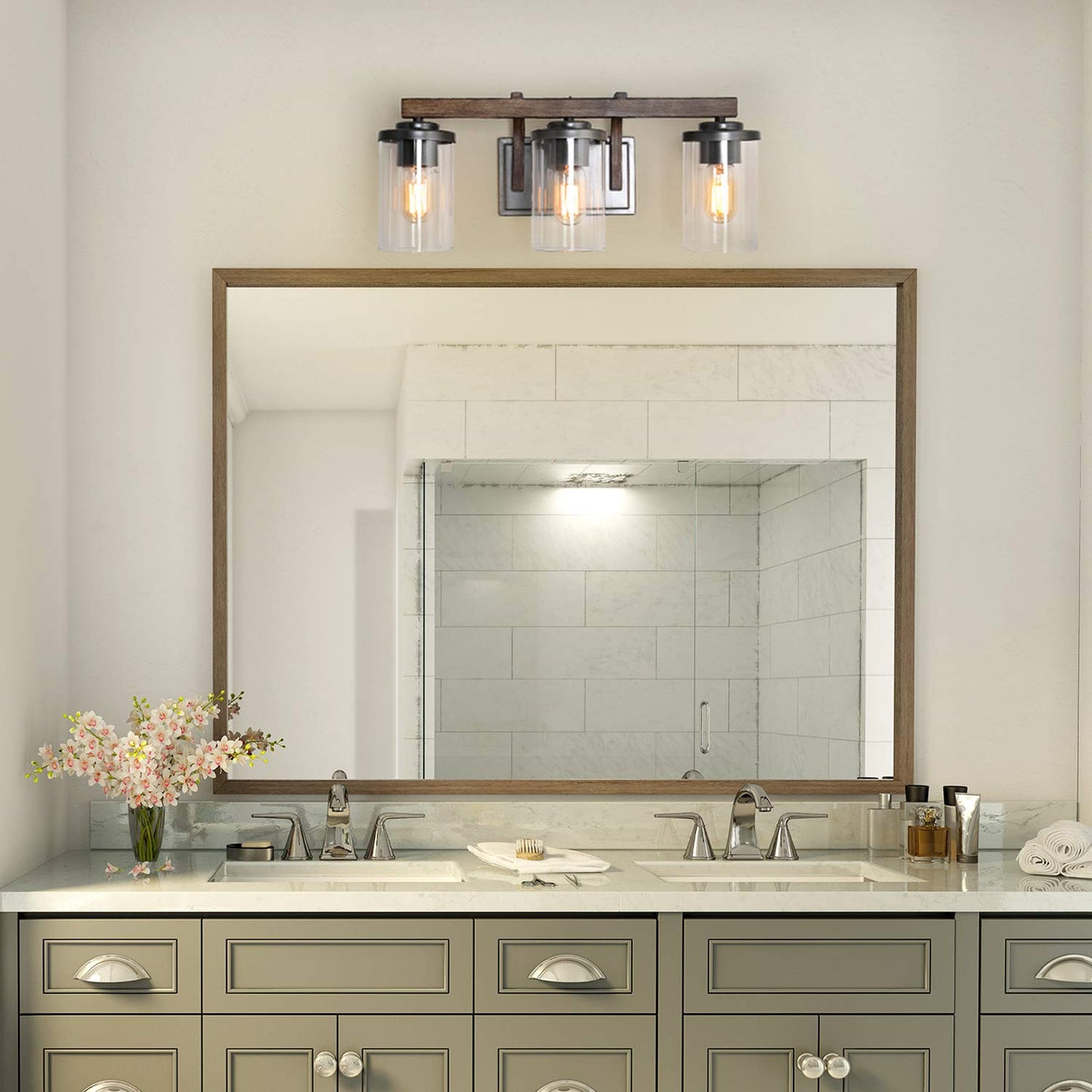 LALUZ Bathroom Vanity Light Fixtures, 3-Light Farmhouse Vanity Light with Clear Glass Shades, Faux Wood, 20’’ L x 6.3’’ W x 8.7’’ H