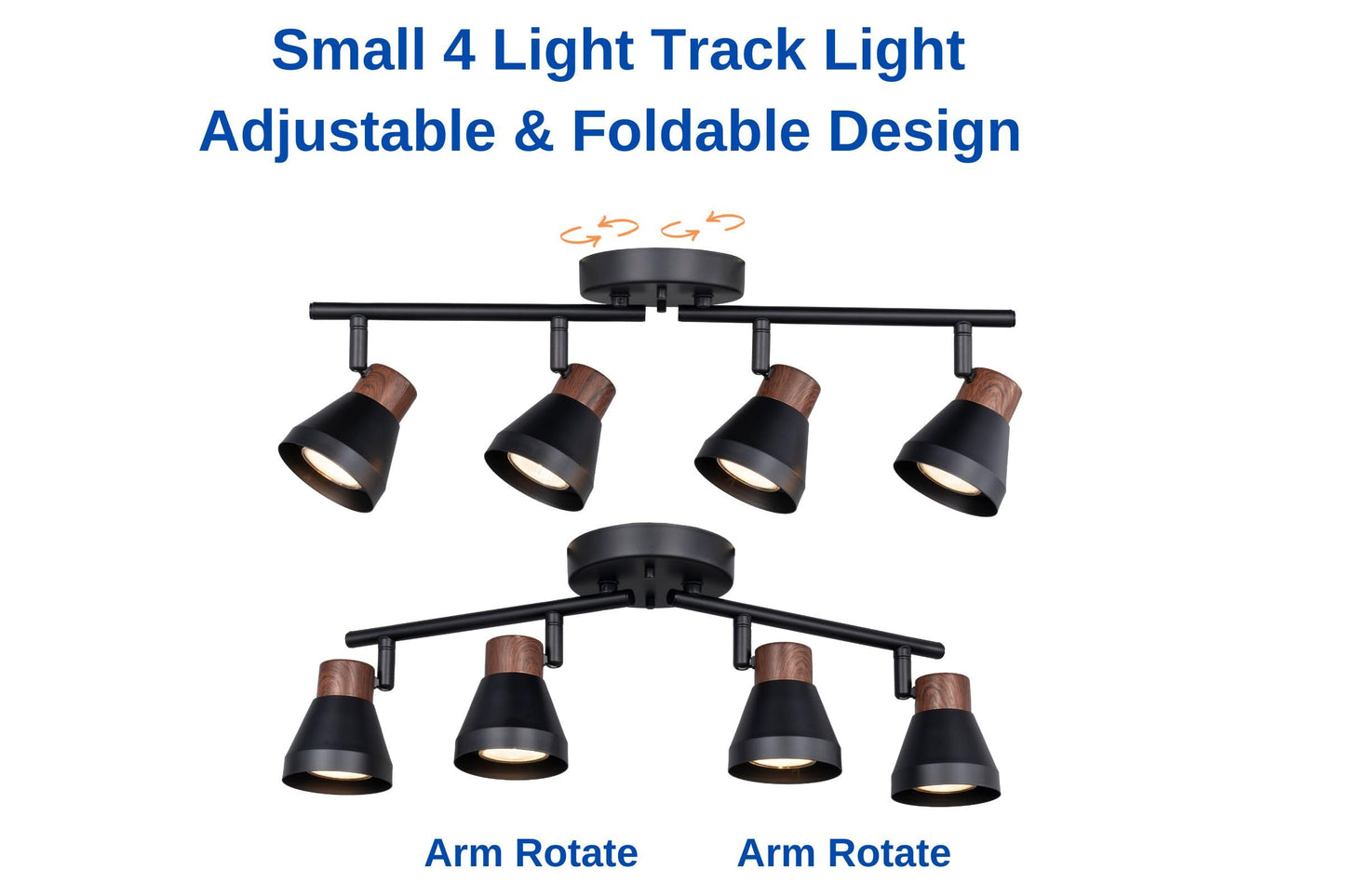 CRAFTRONOS 4 Light Modern Track Lighting Kit Black and Faux Wood Finish, Flexibly Adjustable Arm with Multi-Directional Ceiling Spotlight for Kitchen