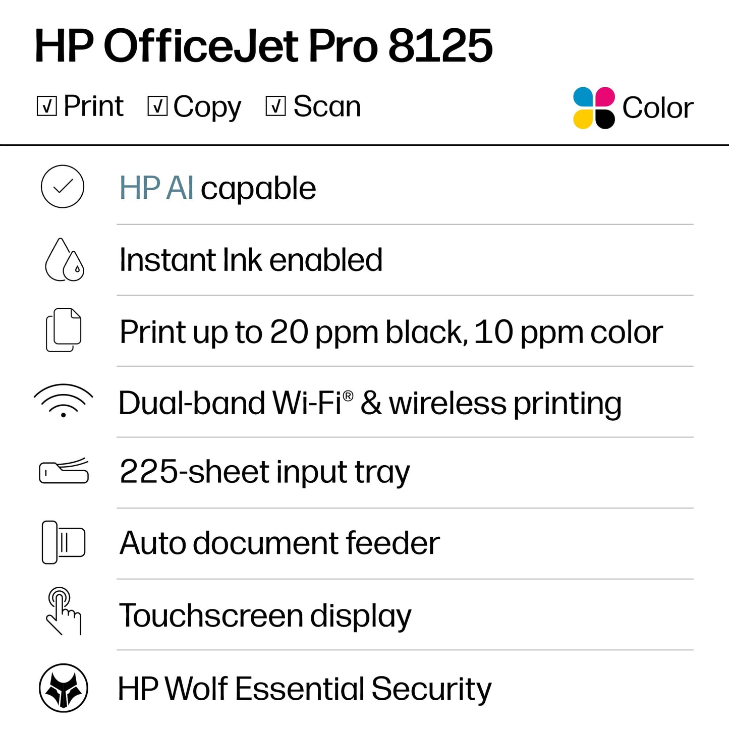 HP OfficeJet Pro 8125 Wireless All-in-One Color Inkjet Printer, Print, Scan, Copy, ADF, Duplex Printing Best-for-Home Office, 3 Month Trial of Instant