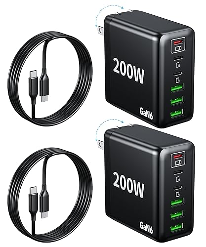 2 Pack USB C Charger Block 200W,6 Port Foldable Fast Charger Type C Charger iPhone 17 16 Fast Charging PD 3.1 Charging Station for All iPhone/Samsung