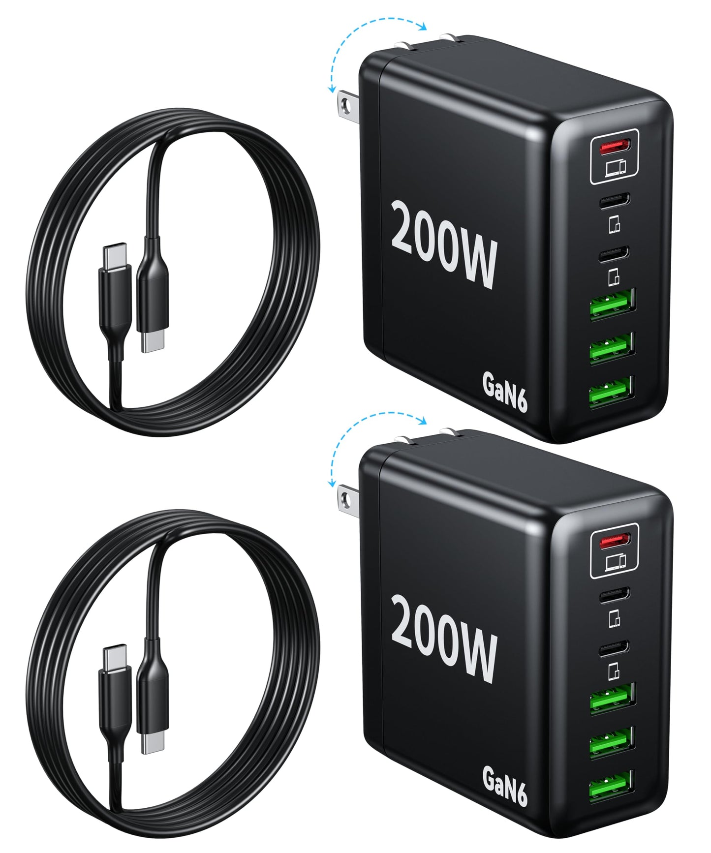 2 Pack USB C Charger Block 200W,6 Port Foldable Fast Charger Type C Charger iPhone 17 16 Fast Charging PD 3.1 Charging Station for All iPhone/Samsung
