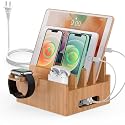 Pezin & Hulin Bamboo Charging Station for Multiple Devices with 5 Port USB Charger,5Cables,Smart Watch&Earbuds Stand, Desk Docking Stations Electronic