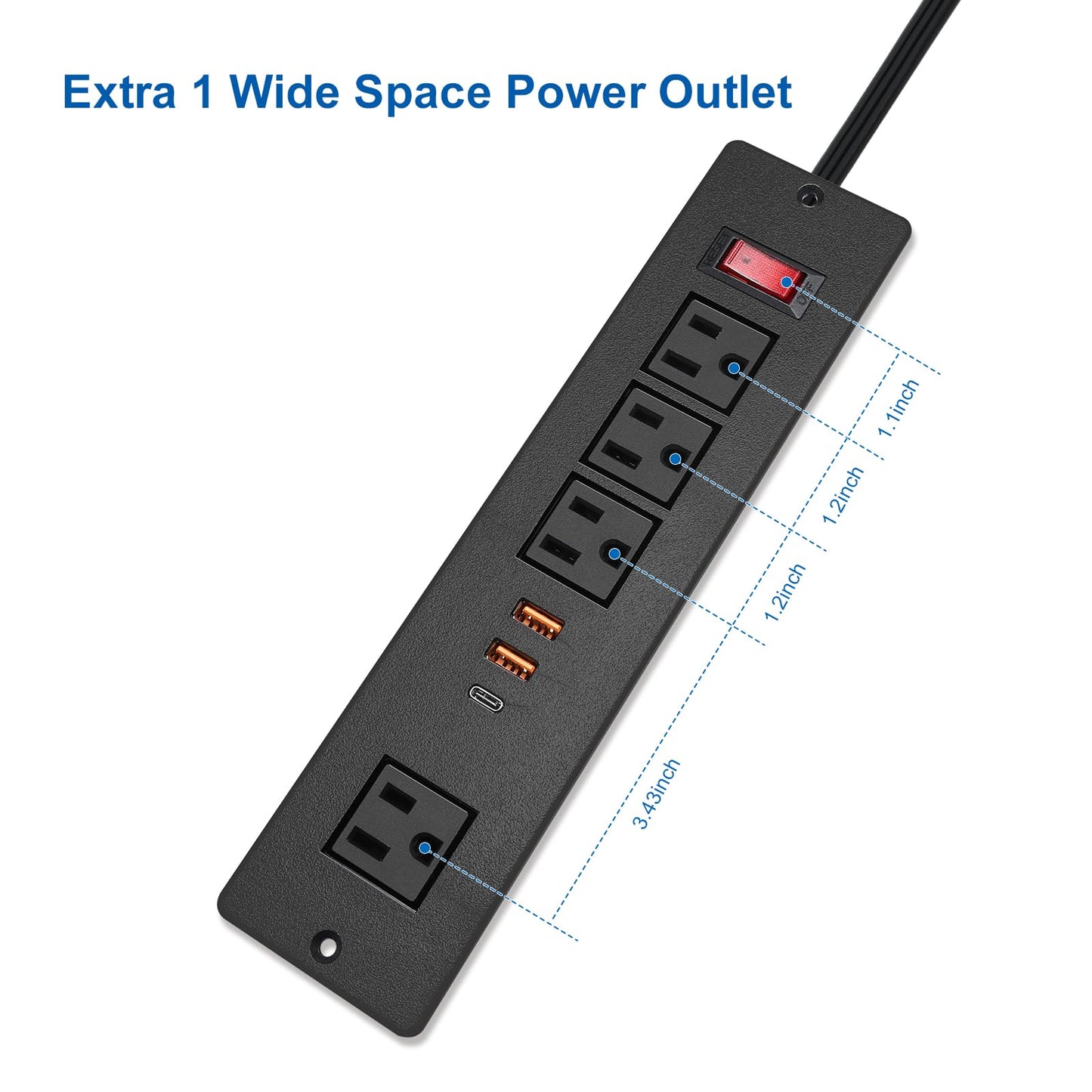 Desktop Recessed Power Strip USB C (Fast Charge 20W),Mounted Desk Plug in Extension Cord 4 Outlets (1 Extra Wide Space) w 3 USB Ports (w Switch)