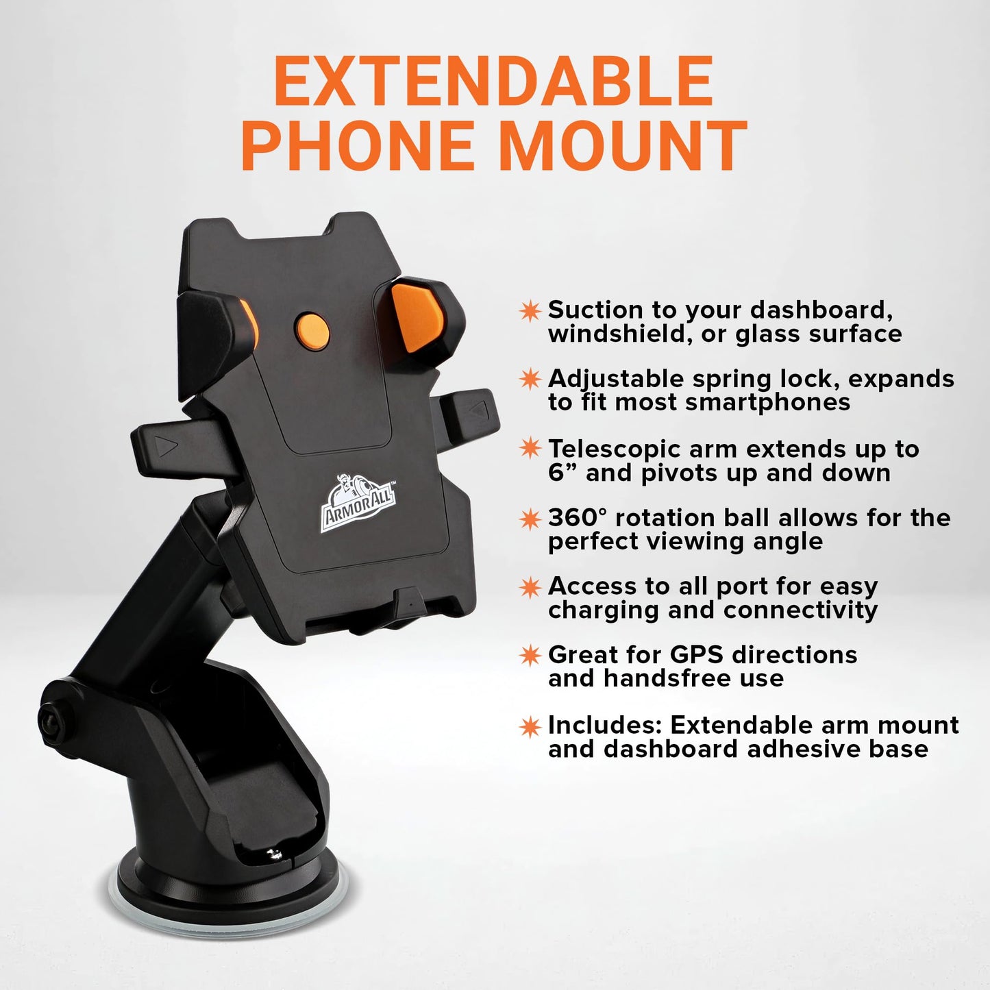 Armor All Phone Mount for Cars, Suction Dashboard & Windshield Phone Holder, 6 Inch Extendable Arm, 360° Rotation, Fits iPhone Max, Android, and All
