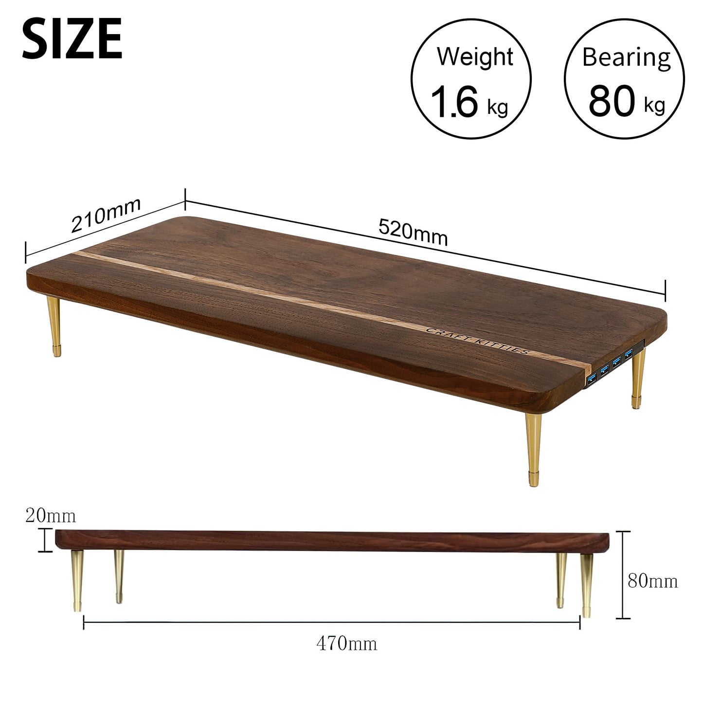 CRAFT KITTIES Monitor Stand Wood Riser with 4 USB Ports, Computer Monitor Stand with America Walnut Data Transfer Charging Hub -Compatible