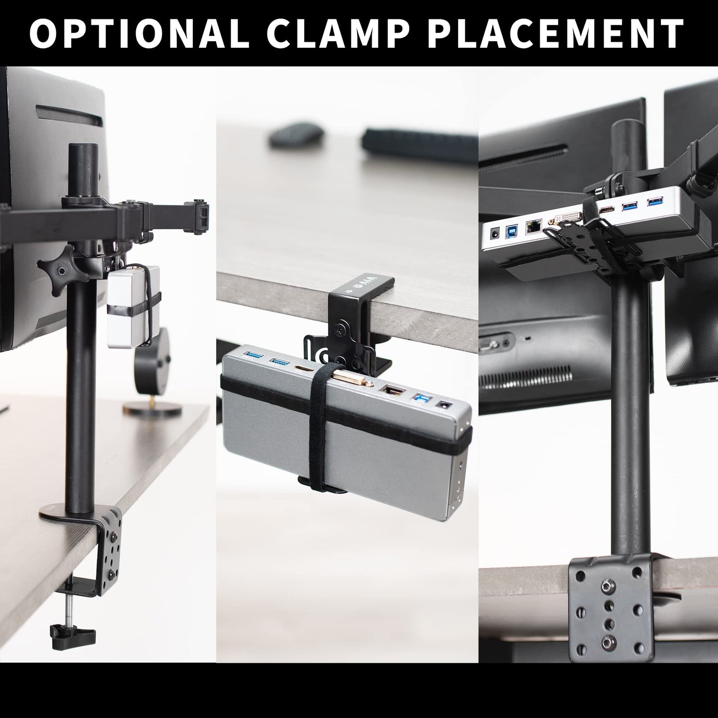 VIVO Universal Docking Station Mount for Workstation, Behind Monitor VESA Mounting, Under Desk Installation, Heavy Duty C-clamp Options, Fits Docking