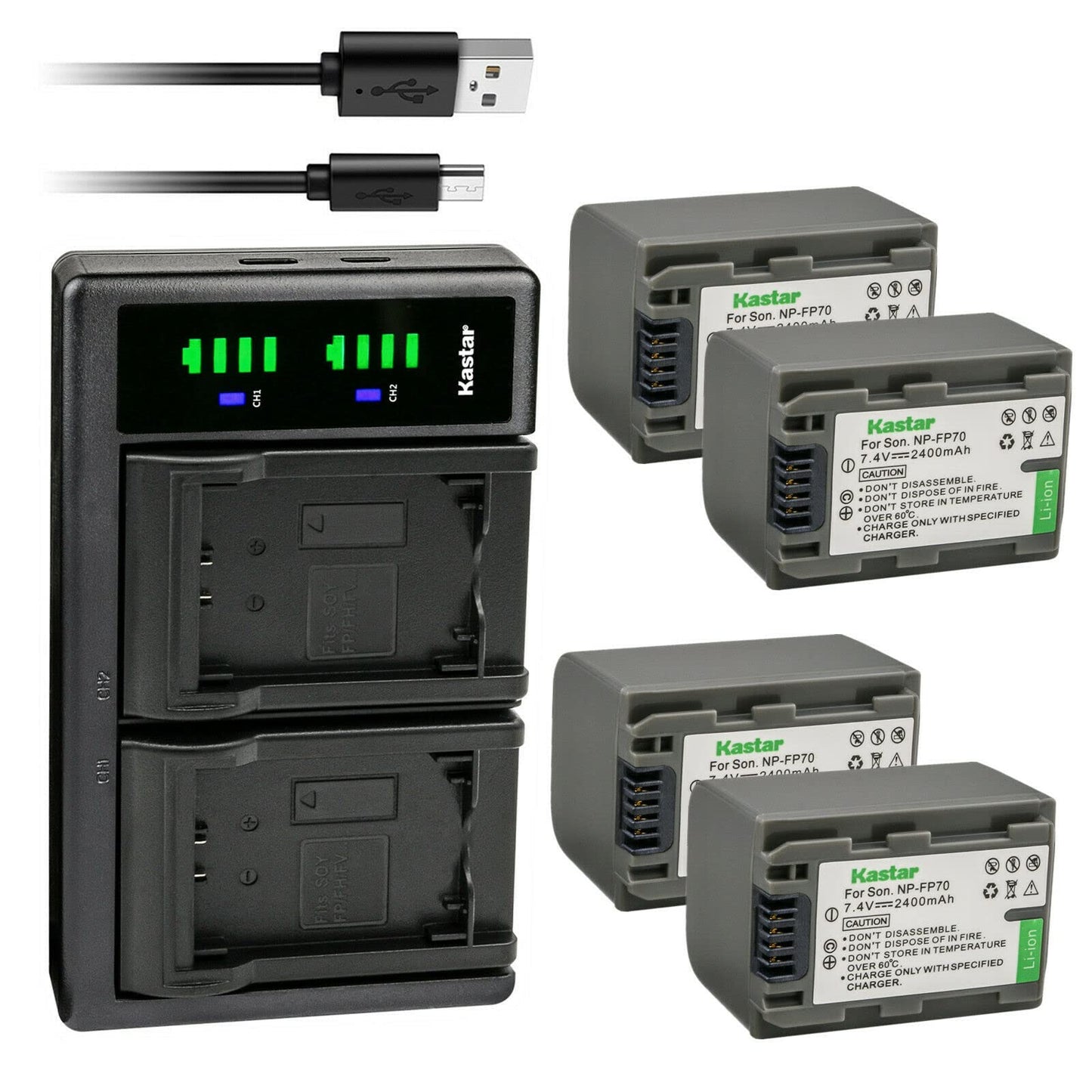 Kastar 4-Pack Battery NP-FP70/FP71 and LTD2 USB Charger Compatible with Sony DCR-HC21 DCR-HC22 DCR-HC23 DCR-HC24 DCR-HC26 DCR-HC28 DCR-HC30 DCR-HC32