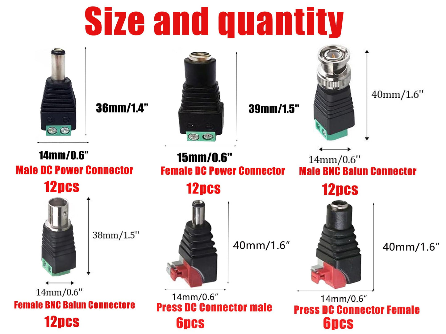 Yrhrol 60 Pcs 12V 5.5mm x 2.1mm Female Male DC Power Connector, BNC Male Balun Connector &No Screws DC Connector for Led Strip CCTV Security Camera