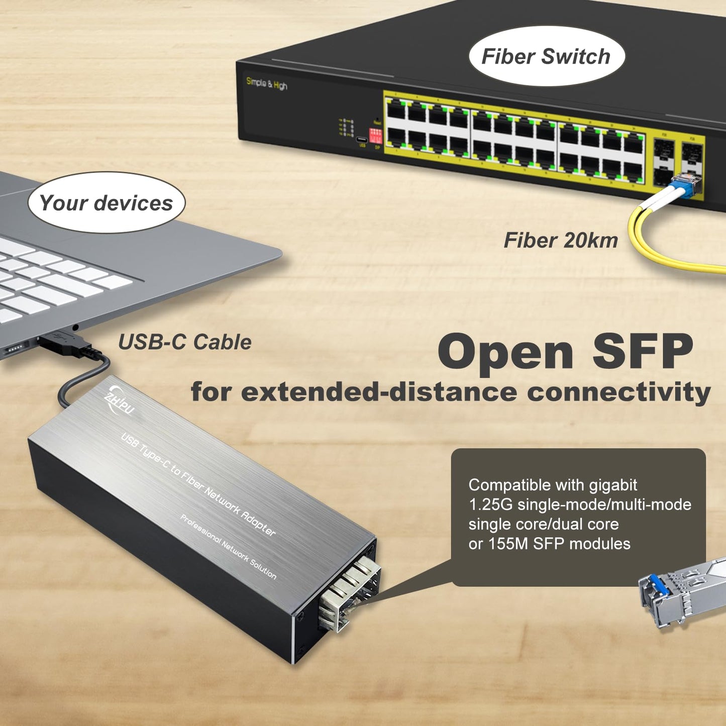 USB 3.0 Type-C to SFP Fiber Network Adapter, DC 5V