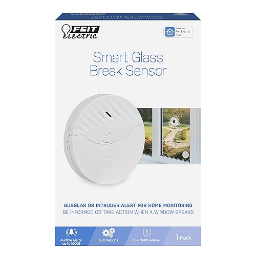 Feit Electric Smart Wi-Fi Glass Break Sensor with Audible Alarm, Wireless, 24/7 Home Security System with Mobile App Notification, Battery Operated