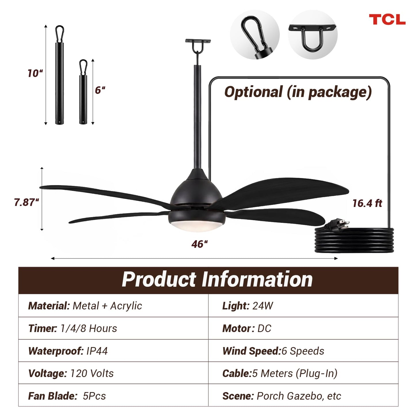TCL 46 Inch Plug in Outdoor Ceiling Fan with Light and Remote, Black