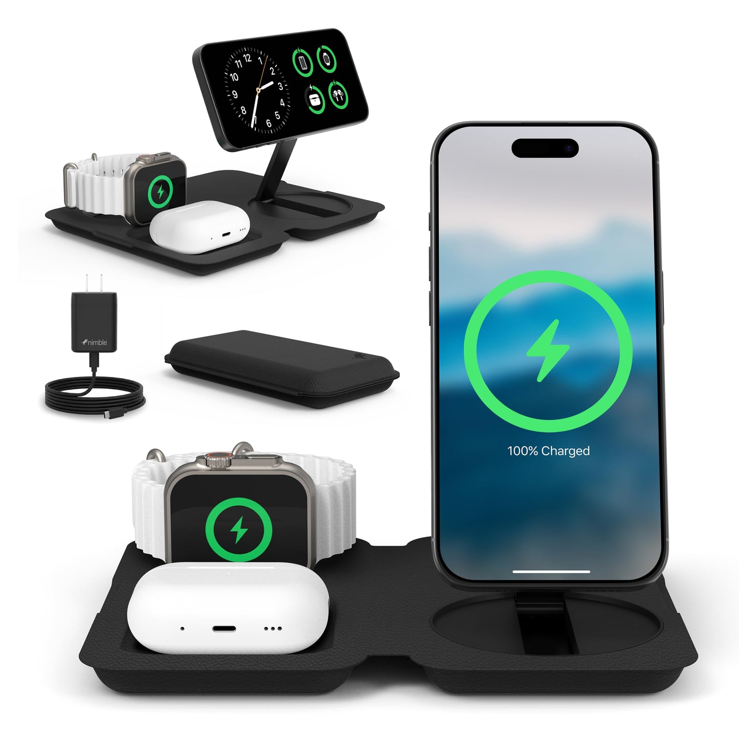 Nimble Fold 3-in-1 Wireless Charging Station for iPhone & AirPods, MagSafe Compatible 15W Qi2 Charging Stand, Wireless Charger Dock for iPhone