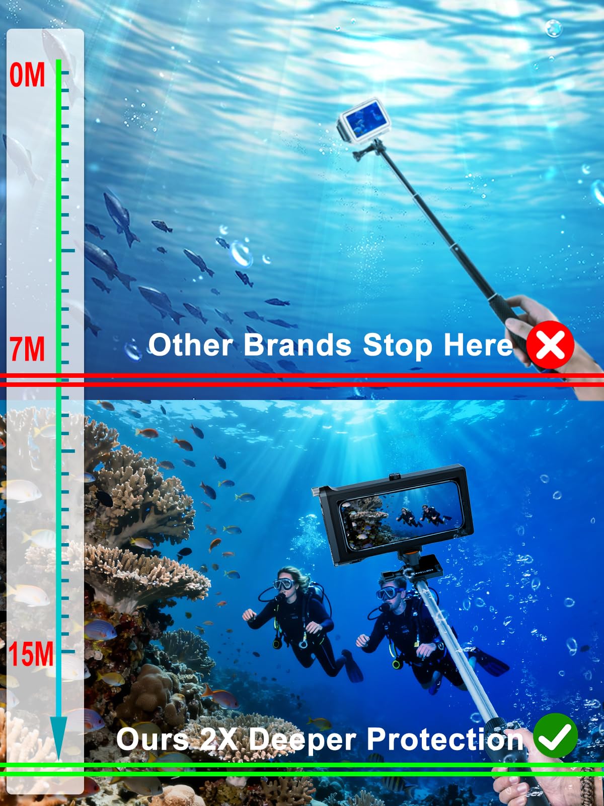 3-in-1 Diving Kit: 50FT Waterproof Phone Case + Underwater Bluetooth Selfie Stick + Phone Clip, 10-30" Extendable Pole for iPhone 17 Air/16, Samsung