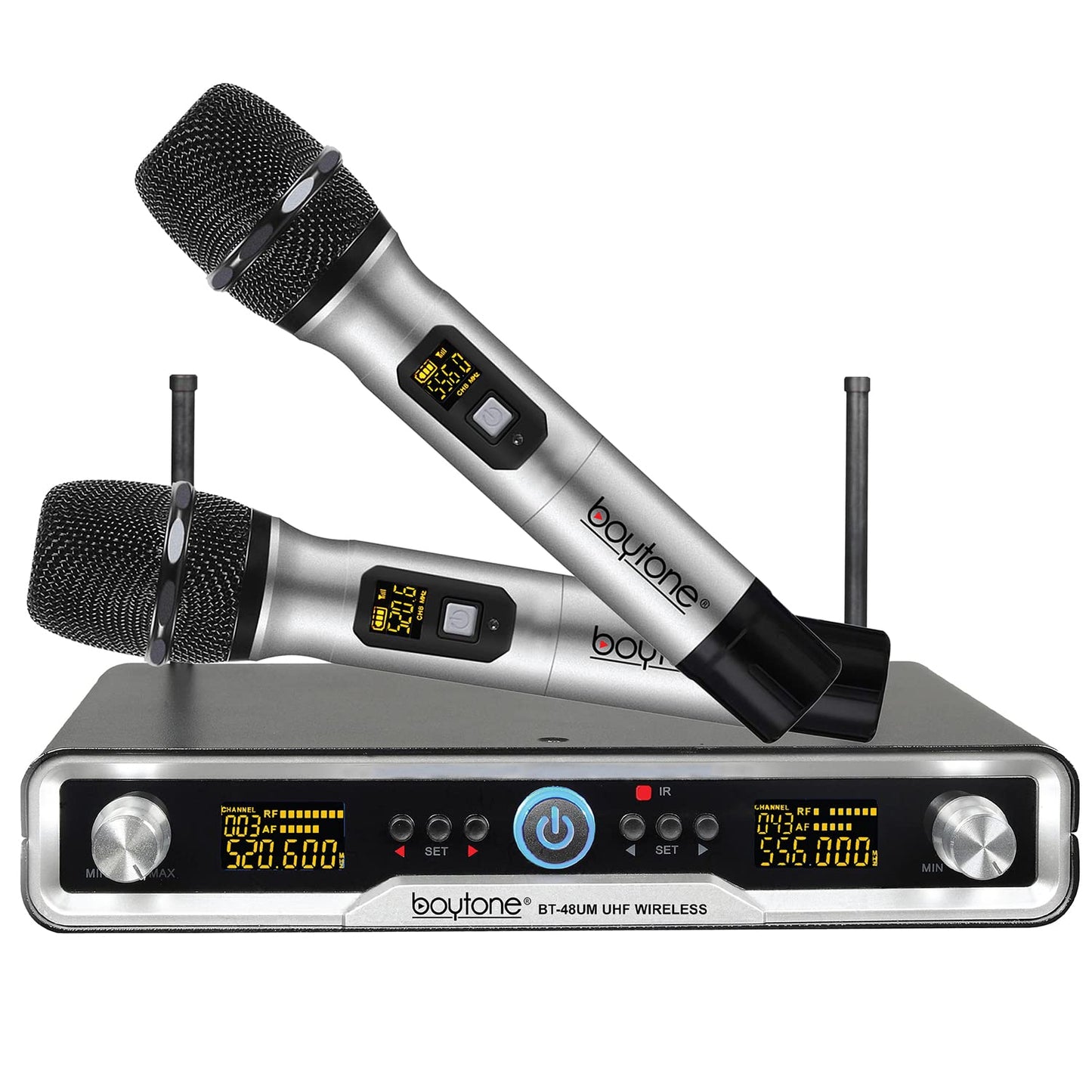 Boytone BT-48UM 100 Channels Wireless Microphone Dual Metal Professional UHF Cordless Dynamic Mic Handheld Microphone System, for DJ, Meeting, Party