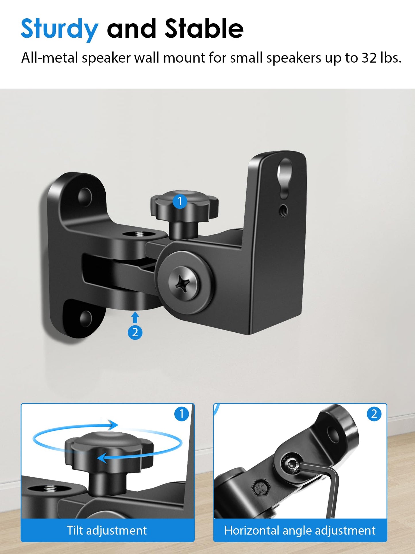 Speaker Wall Mounts, 2 Packs Universal Mounting Bracket for Small Bookshelf Speakers, Vertical 120°, Horizontal 180°Adjustment, Compatible with Bose