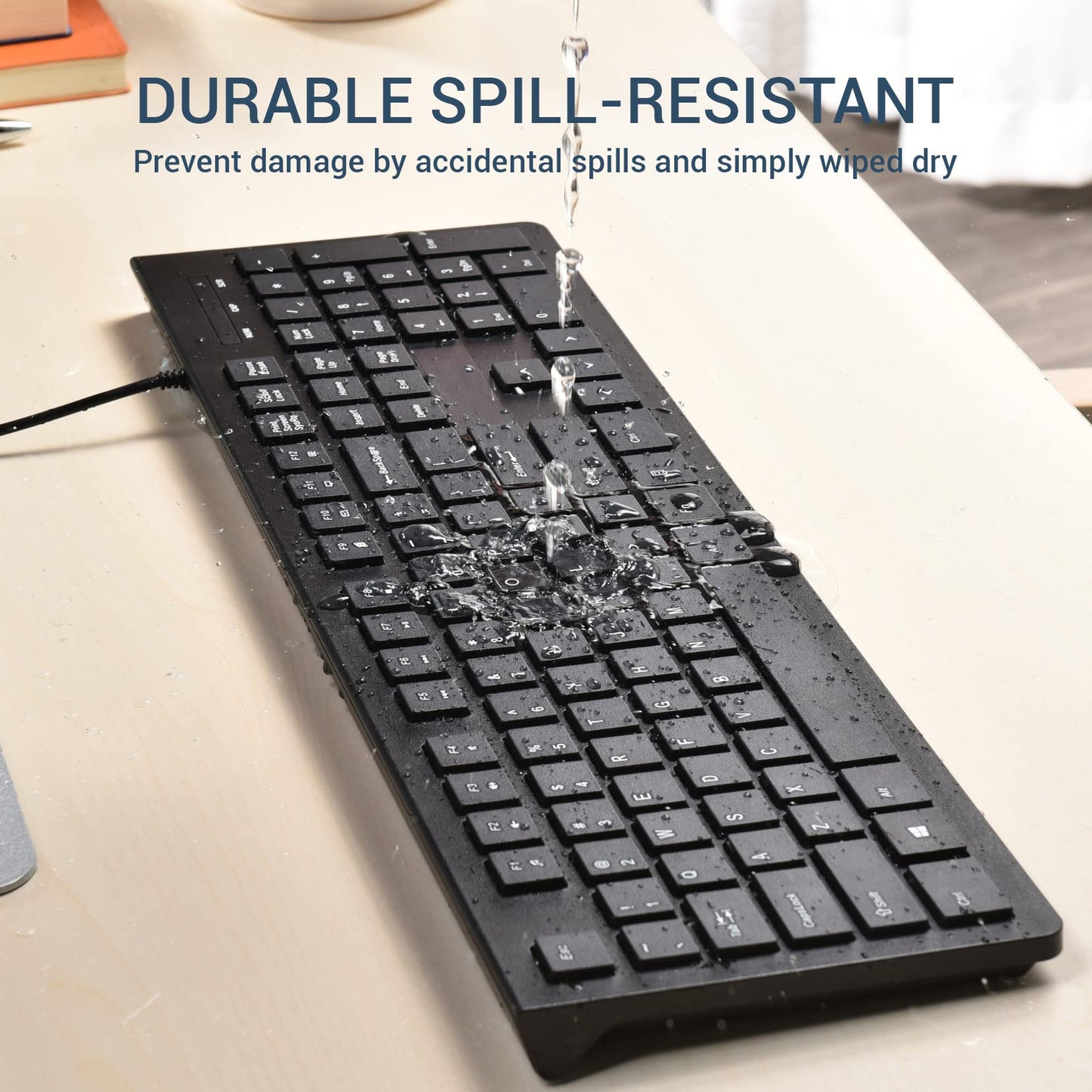 Wired Keyboard, Ultra-Thin USB Wired Computer Keyboard, Low-Profile Keys, Spill-Resistant, Multimedia Keys, Compatible with Windows, Mac, Chrome