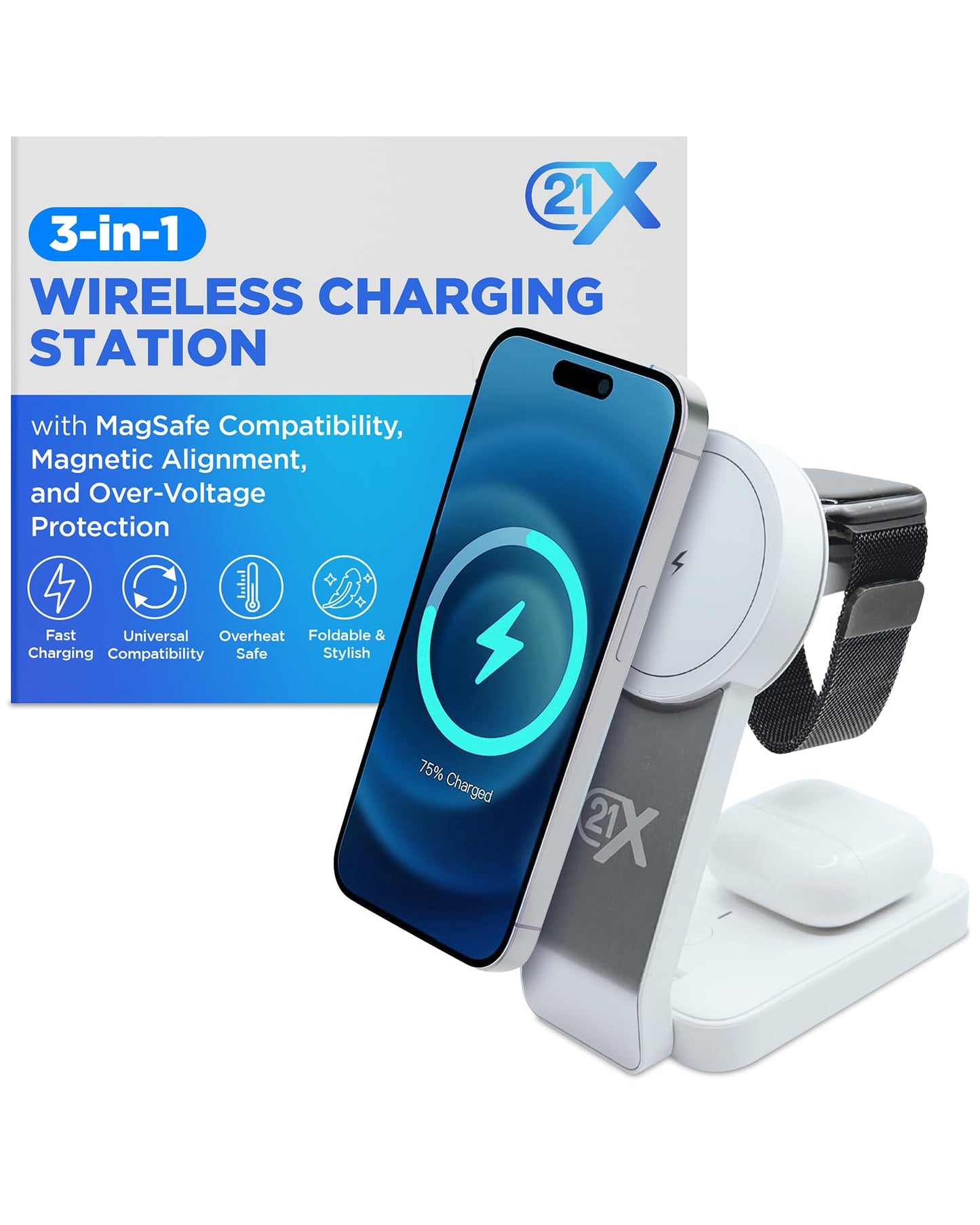 3-in-1 Wireless Charging Station for Apple Devices - Magnetic Foldable Fast Charger for iPhone, Apple Watch & AirPods with Stand - Travel-Friendly
